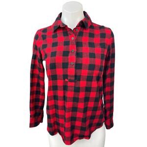 Madewell Women's Red Black Plaid Check Flannel Half Button Down Shirt Top Sz XXS
